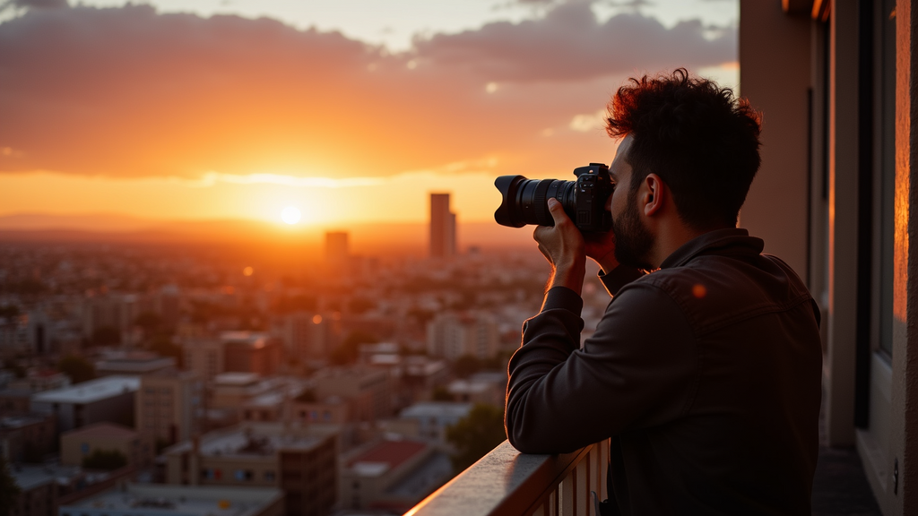 Eye-level view of a photographer capturing a sunset over El Paso cityscape