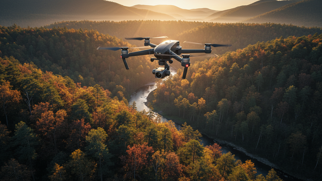 High angle view of a drone flying over a forest landscape