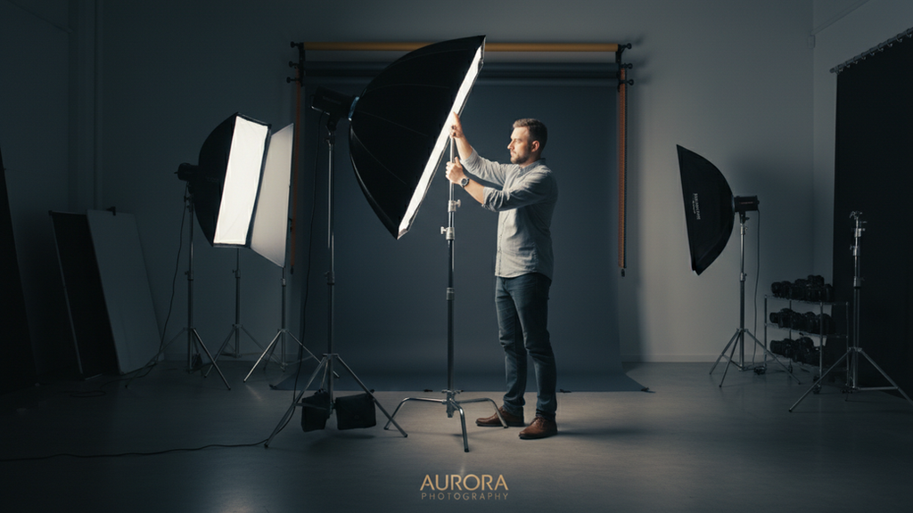 Eye-level view of a professional photographer adjusting lighting equipment in a studio