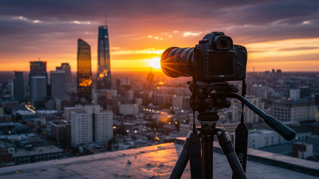 Eye-level view of a camera on a tripod capturing a sunset over a city skyline