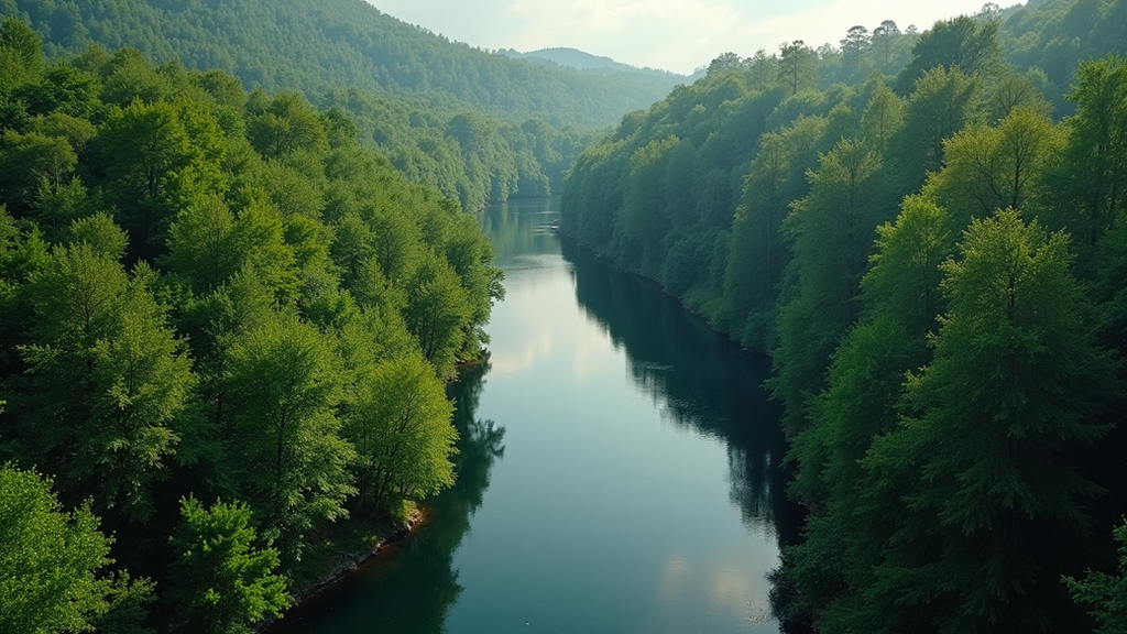 High angle view of a winding river surrounded by lush green forest