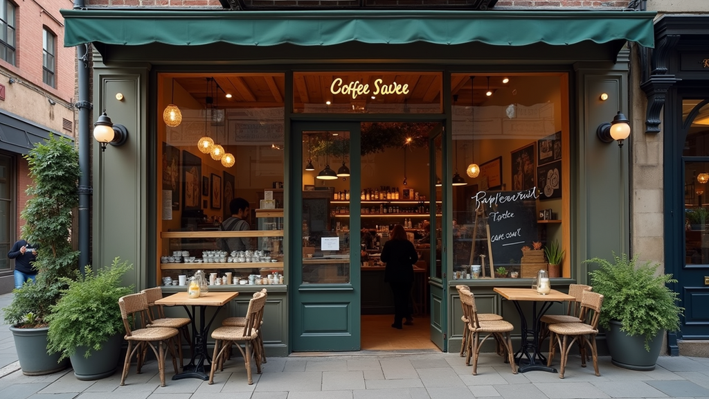 Eye-level view of a local coffee shop exterior with natural light