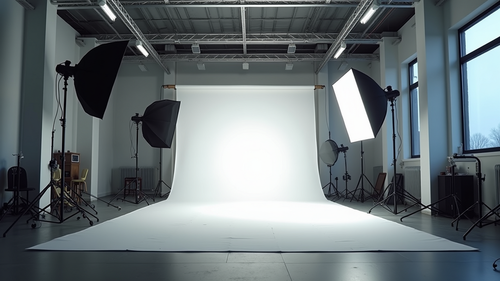 Eye-level view of spacious photo studio with lighting equipment and backdrops