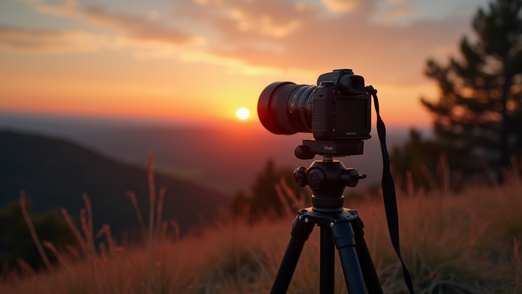 Eye-level view of a camera on a tripod capturing a sunset landscape