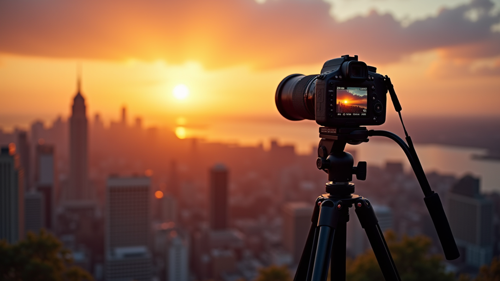 Eye-level view of a camera on a tripod capturing a sunset over a city skyline