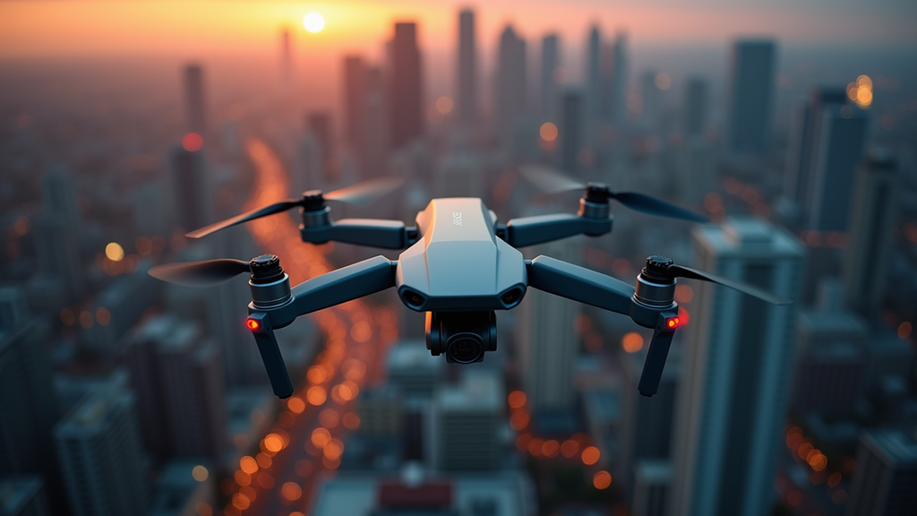 High angle view of a drone flying over a cityscape