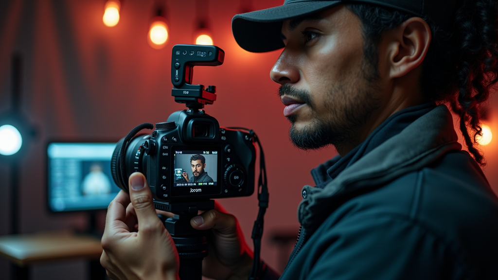 Eye-level view of a professional photographer adjusting camera settings in a studio
